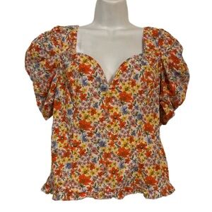 Floral Cotton Top sweetheart neckline puff sleeve